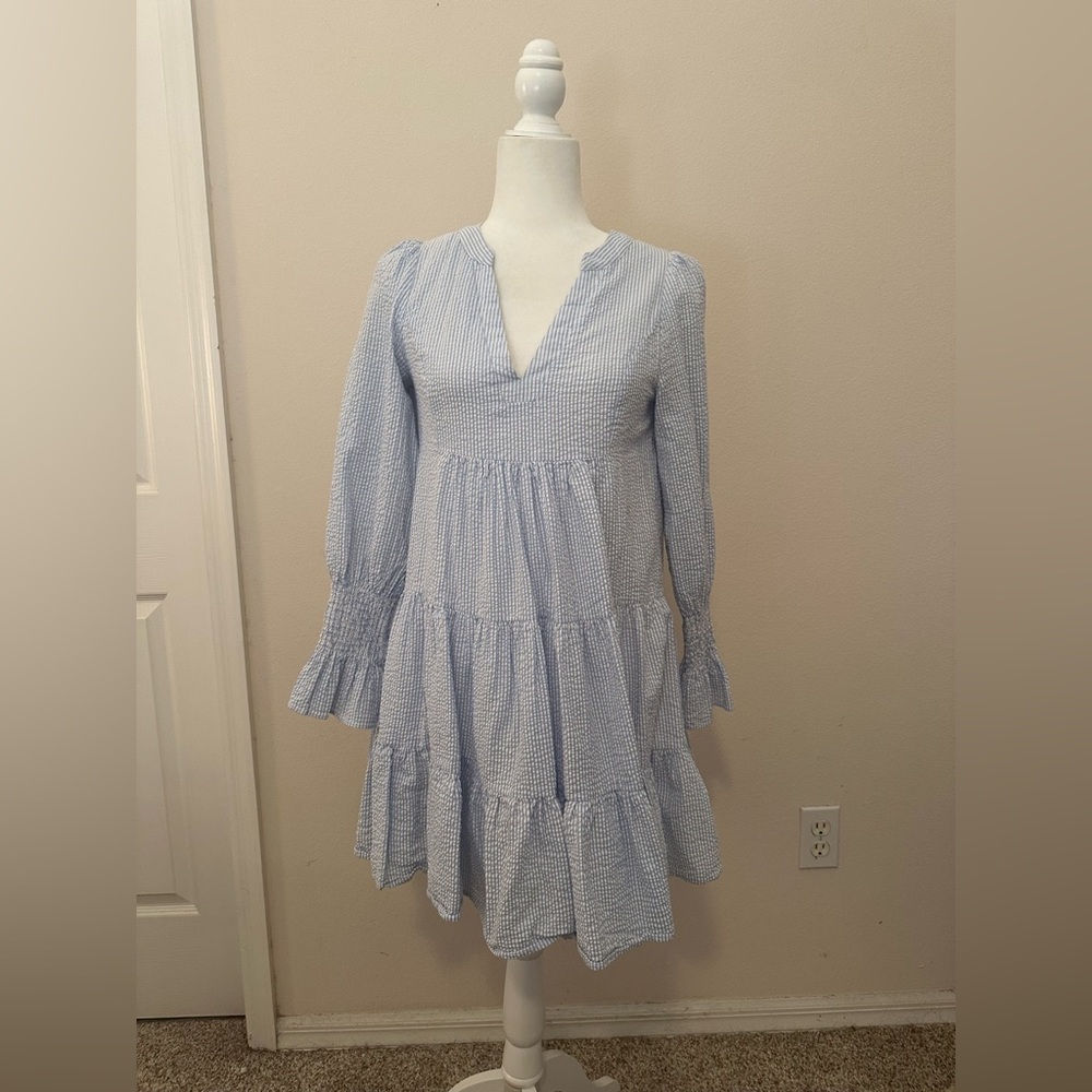 Light Blue Tiered Mini Dress with Long Sleeves